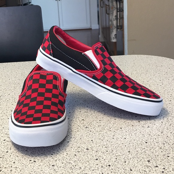 vans red black checkered slip ons